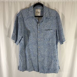 Tasso Elba Silk Linen Polo Men's Medium Blue Paisley Short Sleeve Button Up